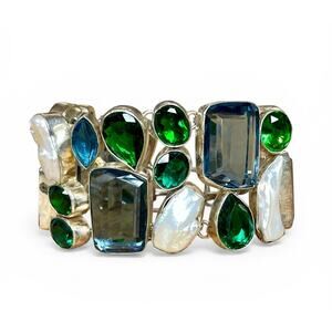 Sterling Silver 925 Gemstone Statement Bracelet Blue Green Chunky Adjustable